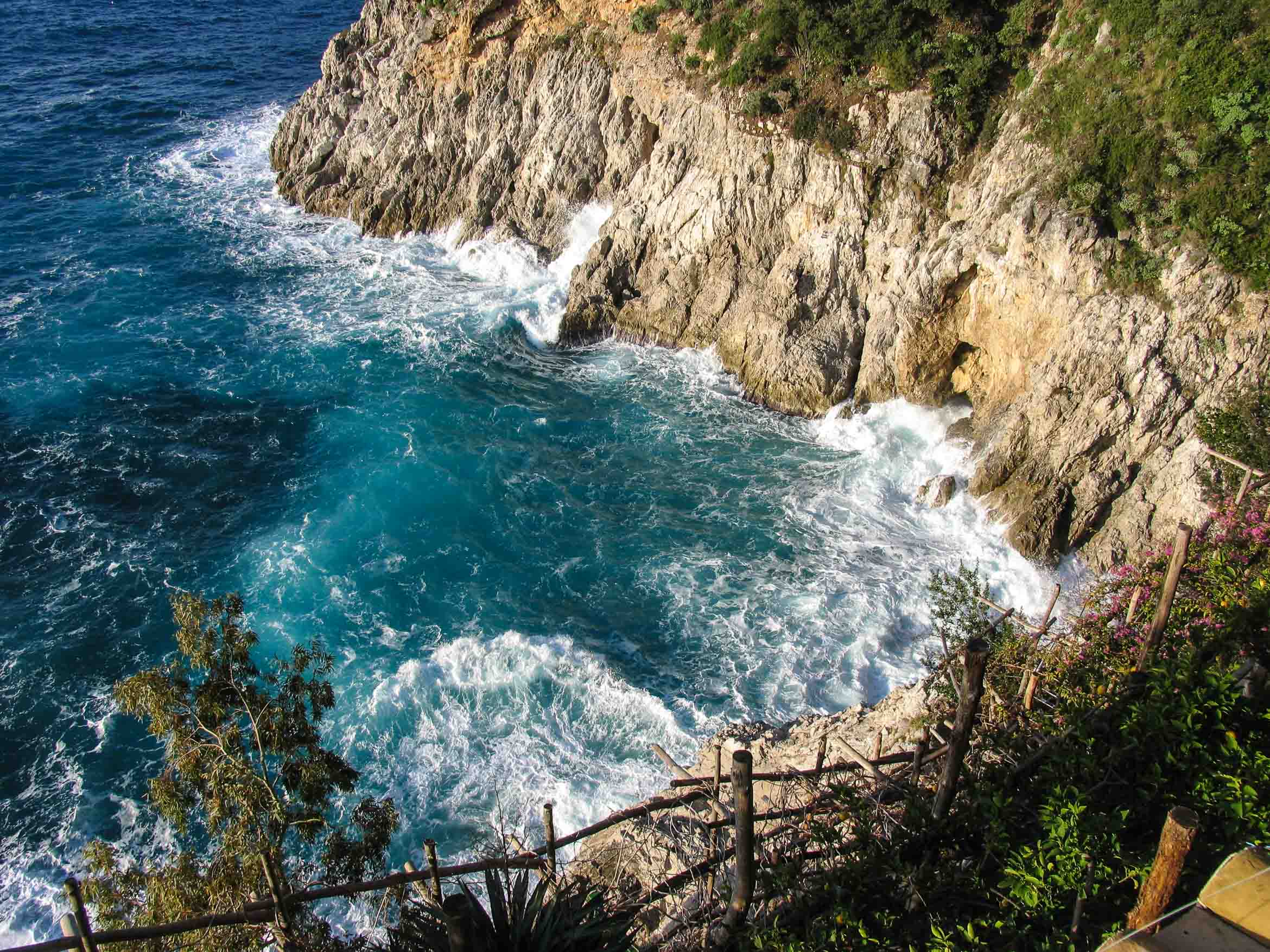 Villa la Madonnina Amalfi Coast rough sea with sunshine in bay below the villa